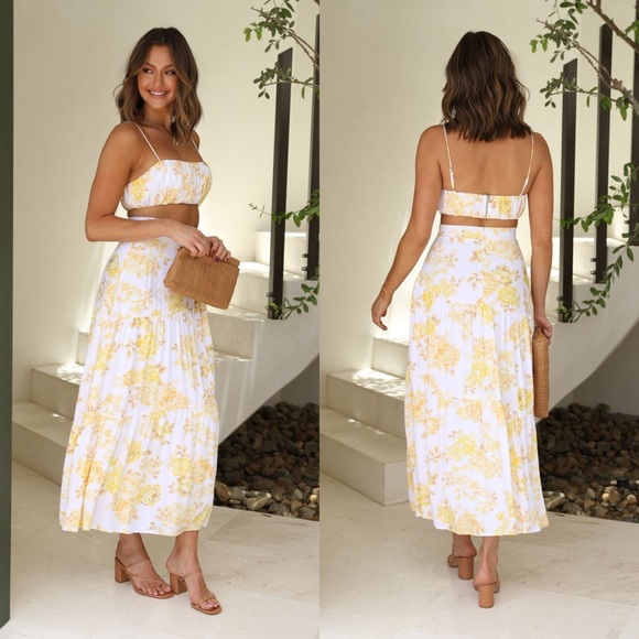 BILLY J Saraya White/Yellow Floral Top and Skirt Set - Picture 2 of 6